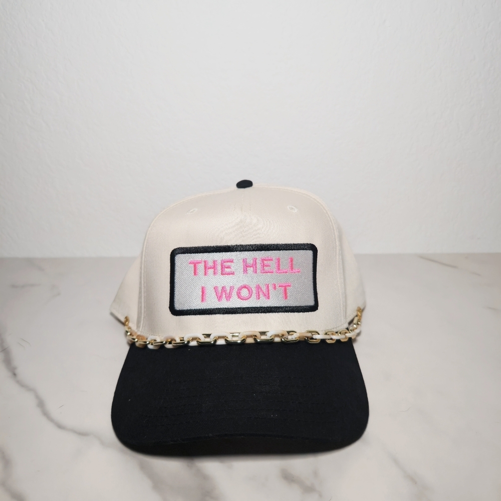 Black and Cream Cap with Pink Text